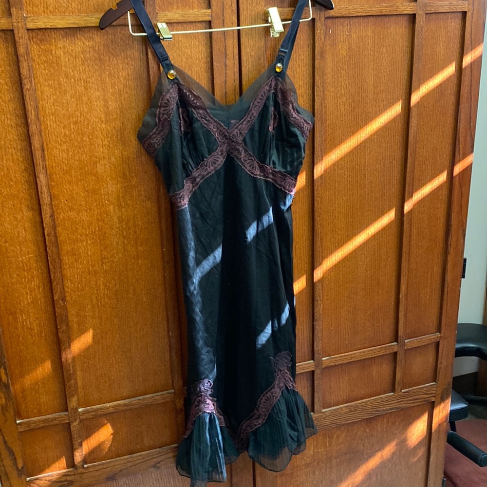 Vintage tea-dyed slip dress Black/GRAY with purple lace and gold bejeweled S-M